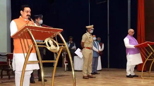 The swearing-in ceremony of Cabinet Minister Narottam Mishra at Raj Bhawan in Bhopal, Tuesday, April 21, 2020 (PTI file photo) The swearing-in ceremony of Cabinet Minister Narottam Mishra at Raj Bhawan in Bhopal, Tuesday, April 21, 2020 (PTI file photo)