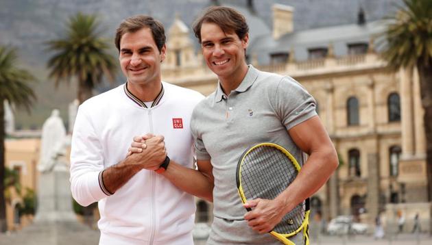 Roger Federer and Rafael Nadal ahead of their "Match in Africa" exhibition tennis match. (REUTERS) Roger Federer and Rafael Nadal ahead of their "Match in Africa" exhibition tennis match. (REUTERS)