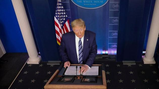 US President Donald Trump addresses during the daily coronavirus task force briefing at the White House in Washington, US.(REUTERS)