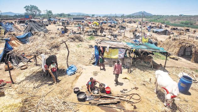 A woman is seen washing utensils at the shanties of sugarcane factory workers located near Sant Tukaram Sugar Factory, Kasarsai Darumbre in Mulshi taluka on Monday. On Tuesday, 12,000 workers reached their native places. (PRATHAM GOKHALE/HT) A woman is seen washing utensils at the shanties of sugarcane factory workers located near Sant Tukaram Sugar Factory, Kasarsai Darumbre in Mulshi taluka on Monday. On Tuesday, 12,000 workers reached their native places. (PRATHAM GOKHALE/HT)