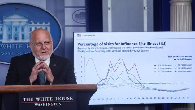 Centers for Disease Control (CDC) Director Robert Redfield explains illness surveillance programs in the United States in front of a chart showing statistics of patients seeking treatment for influenza-like illnesses during the daily coronavirus task force briefing at the White House in Washington, US. (REUTERS) Centers for Disease Control (CDC) Director Robert Redfield explains illness surveillance programs in the United States in front of a chart showing statistics of patients seeking treatment for influenza-like illnesses during the daily coronavirus task force briefing at the White House in Washington, US. (REUTERS)