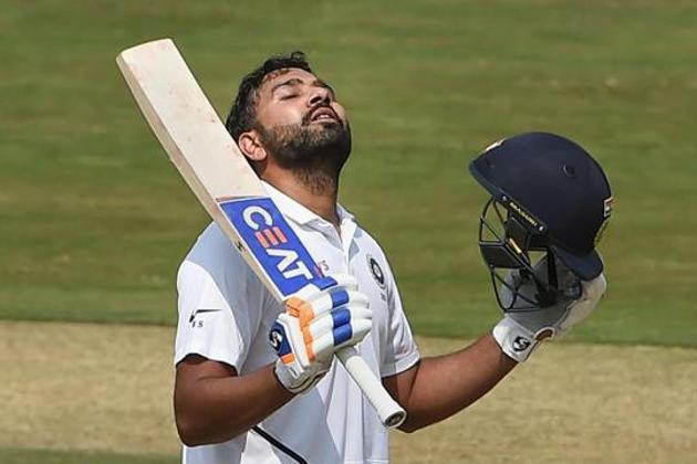 Rohit Sharma celebrates his century on the 1st day of the first cricket test match against South Africa. (PTI)