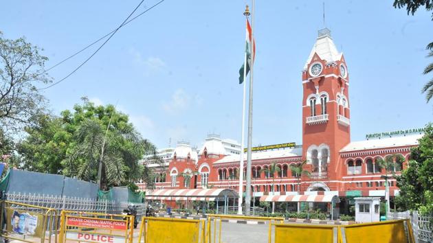 Police barricading at the entrance to the MGR Chennai Central railway station during the lockdown. “The day the railways doesn’t operate it seems like the world has come to a standstill. Even so...more than 800,000 wagons have been deployed across the country since the lockdown operating on just one third of our staff strength,” a railway ministry spokesperson told HT, reported on April 22. (Gnanamani / HT Photo)