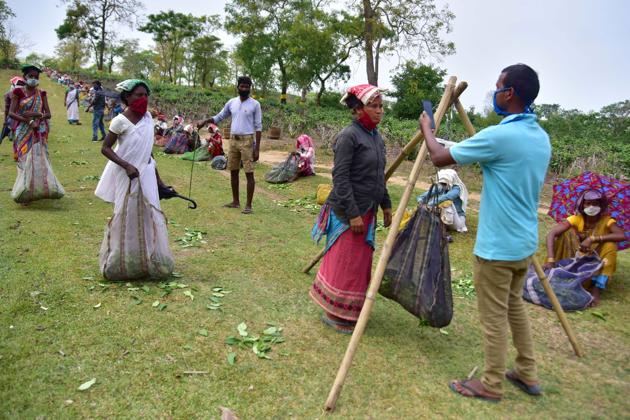 Farmers wearing improvised face masks stand in a queue to maintain social distancing norms, Nagaon, April 21, 2020(PTI)