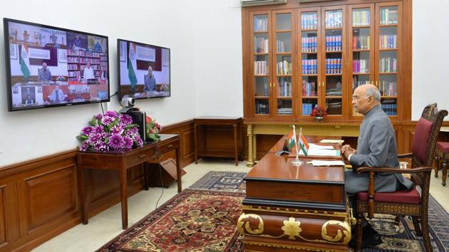 President Ram Nath Kovind with Vice President Venkaiah Naidu, interacting with the Governors, Lt Governors and Administrators of all the States and Union Territories via video conferencing on issues related to Covid-19.(PTI File Photo)