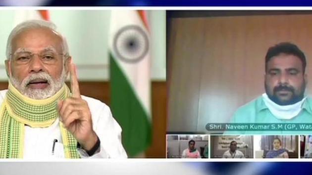 Prime Minister Narendra Modi interacting with sarpanches through video conferencing on Friday. (ANI Photo) Prime Minister Narendra Modi interacting with sarpanches through video conferencing on Friday. (ANI Photo)