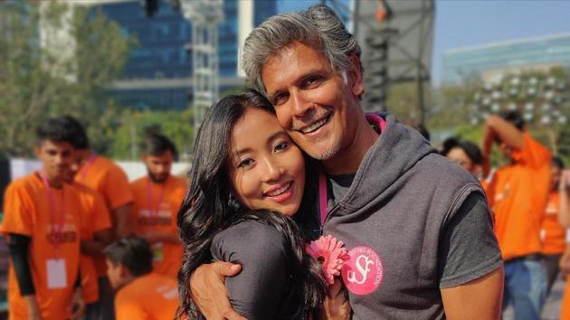 Milind Soman with wife Ankita Konwar at an event.