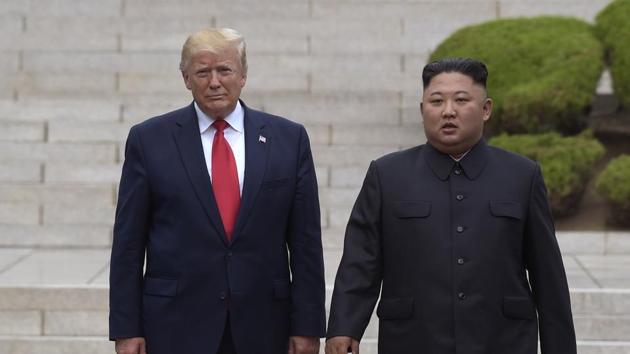 In this June 30, 2019 file photo, US President Donald Trump meets with North Korean leader Kim Jong Un at the North Korean side of the border at the village of Panmunjom in Demilitarized Zone. (AP File) In this June 30, 2019 file photo, US President Donald Trump meets with North Korean leader Kim Jong Un at the North Korean side of the border at the village of Panmunjom in Demilitarized Zone. (AP File)