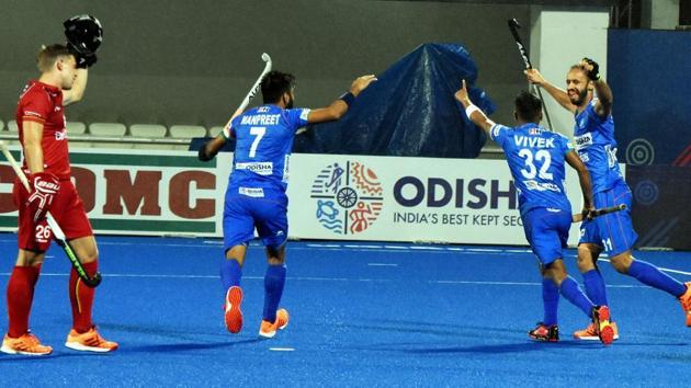 Indian hockey players celebrate during their match against Belgium in the FIH Pro League at the Kalinga Hockey Stadium.(PTI)