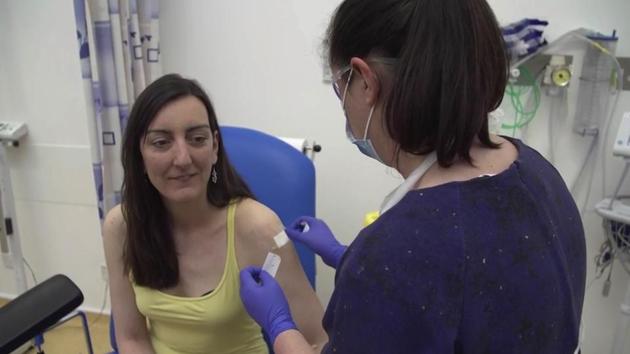 Covid-19: Screen grab taken from video issued by Britain's Oxford University, showing microbiologist Elisa Granato, being injected as part of the first human trials in the UK for a potential coronavirus vaccine, untaken by Oxford University, England, Thursday April 23, 2020.(AP)