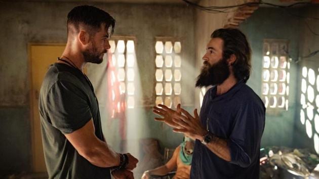 Chris Hemsworth and Sam Hargrave on the set of Extraction.