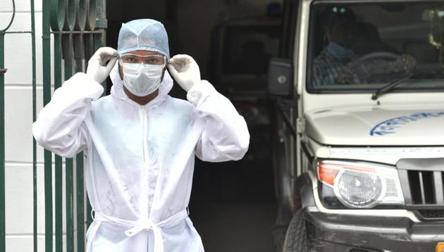 A medical worker in PPE seen at Ambulance Head Quarter Corporation of Kolkata, during lockdown – to curb the spread of coronavirus, at Central Avenue, in Kolkata, West Bengal, India, on Thursday, April 23, 2020. (Photo Samir Jana / Hindustan Times) A medical worker in PPE seen at Ambulance Head Quarter Corporation of Kolkata, during lockdown – to curb the spread of coronavirus, at Central Avenue, in Kolkata, West Bengal, India, on Thursday, April 23, 2020. (Photo Samir Jana / Hindustan Times)