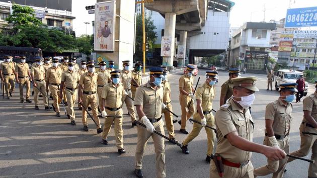 Kochi: Police personnel conduct a march to enforce the Covid-19 lockdown strictly, in Kochi, Monday, April 20, 2020. (PTI) Kochi: Police personnel conduct a march to enforce the Covid-19 lockdown strictly, in Kochi, Monday, April 20, 2020. (PTI)