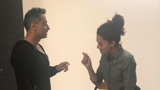 Sujoy Ghosh and Taapsee Pannu on sets of Badla. Sujoy Ghosh and Taapsee Pannu on sets of Badla.