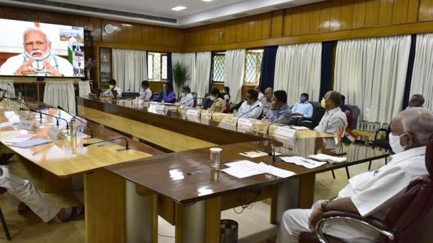 Karnataka Chief Minkster BS Yediyurappa during the video conference meeting with Prime Minister Narendra Modi on Monday.(ANI Photo)