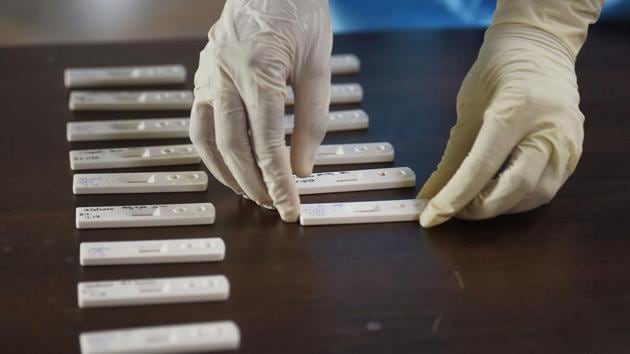 On April 16, the ICMR received a consignment of 550,000 of these test kits from two companies in China. On April 21, the ICMR put on hold the use of rapid testing kits after complains from several states. (PTI file photo) On April 16, the ICMR received a consignment of 550,000 of these test kits from two companies in China. On April 21, the ICMR put on hold the use of rapid testing kits after complains from several states. (PTI file photo)