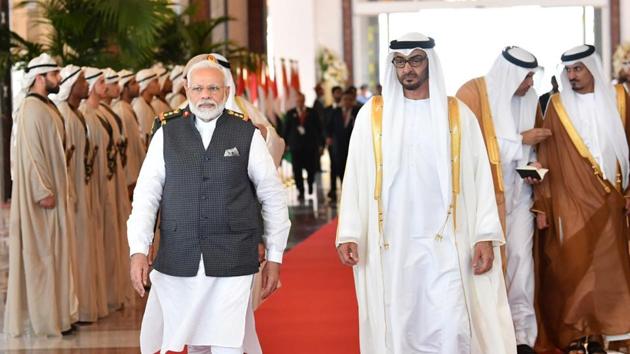 Prime Minister Narendra Modi being seen off by the Crown Prince of Abu Dhabi, Sheikh Mohammed Bin Zayed Al Nahyan on conclusion of his 3-nation visit at Abu Dhabi in UAE in August 2019.(PIB)