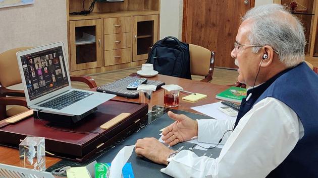 Chhattisgarh Chief Minister Bhupesh Baghel addresses a special video conference on Covid-19 pandemic in Raipur earlier this month.(ANI Photo)