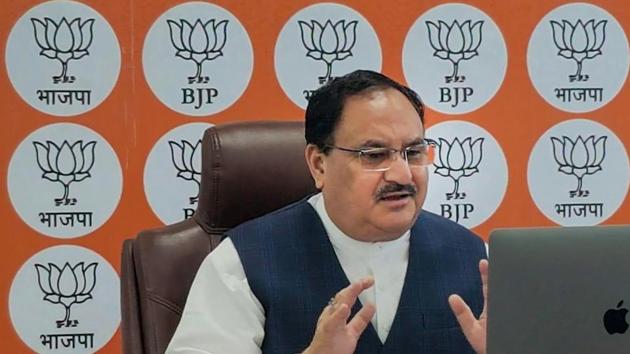 BJP National President JP Nadda interacts with retired bureaucrats and armed force personnel via video conferencing, in New Delhi. (PTI) BJP National President JP Nadda interacts with retired bureaucrats and armed force personnel via video conferencing, in New Delhi. (PTI)