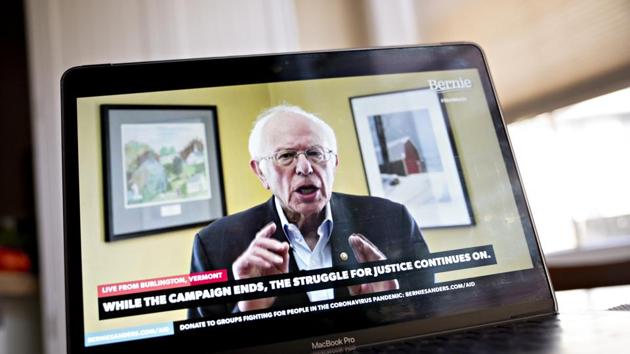 Senator Bernie Sanders, an Independent from Vermont and former 2020 presidential candidate, speaks during a livestream event on a laptop computer in this arranged photograph in Arlington, Virginia, US, on Wednesday, April 8, 2020. Sanders ended his presidential run today after an unbroken string of losses in recent weeks that cemented Joe Biden's all-but insurmountable lead in delegates. (Bloomberg)