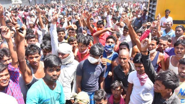The workers, most of them from Bihar and Jharkhand, had been brought to the site by the construction major Larsen and Toubro to work on the construction of buildings on the IIT campus nearly six months ago. (HT photo)