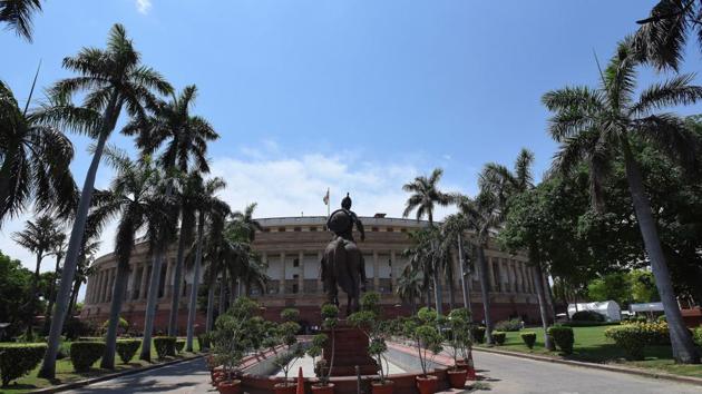 A view of the Parliament House seen as Lok Sabha and Rajya Sabha secretariats resumed work from today after they were shut in the last week of March due to the COVID-19 outbreak, in New Delhi. (Mohd Zakir/HT PHOTO) A view of the Parliament House seen as Lok Sabha and Rajya Sabha secretariats resumed work from today after they were shut in the last week of March due to the COVID-19 outbreak, in New Delhi. (Mohd Zakir/HT PHOTO)