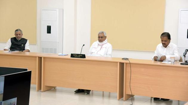 Bihar Chief Minister Nitish Kumar with officials during a video conference at Anne Marg, during lockdown to curb the spread of coronavirus, in Patna on Tuesday. (Santosh Kumar/HT Photo) Bihar Chief Minister Nitish Kumar with officials during a video conference at Anne Marg, during lockdown to curb the spread of coronavirus, in Patna on Tuesday. (Santosh Kumar/HT Photo)