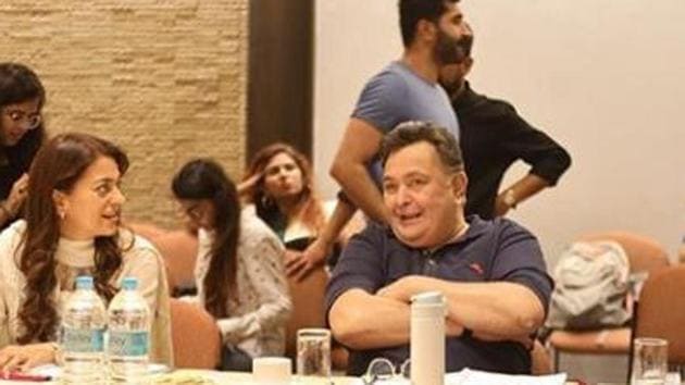 Rishi Kapoor and Juhi Chawla during a reading session for a film they were working on - Sharmaji Namkeen. Rishi Kapoor and Juhi Chawla during a reading session for a film they were working on - Sharmaji Namkeen.