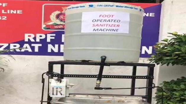 ‘Foot-operated sanitiser machine’ at Delhi’s Nizamuddin RPF Post to prevent Covid-19 (ANI File Photo) ‘Foot-operated sanitiser machine’ at Delhi’s Nizamuddin RPF Post to prevent Covid-19 (ANI File Photo)