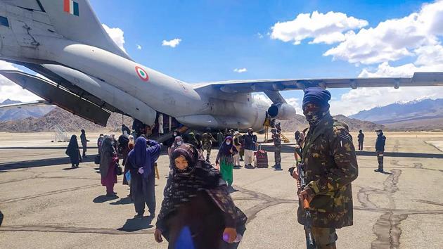 The Indian Air Force airlifted a total of 485 persons from Hindon, Jaisalmer and Jodhpur to the Union Territories of Jammu and Kashmir and Ladakh earlier this week. (PTI) The Indian Air Force airlifted a total of 485 persons from Hindon, Jaisalmer and Jodhpur to the Union Territories of Jammu and Kashmir and Ladakh earlier this week. (PTI)