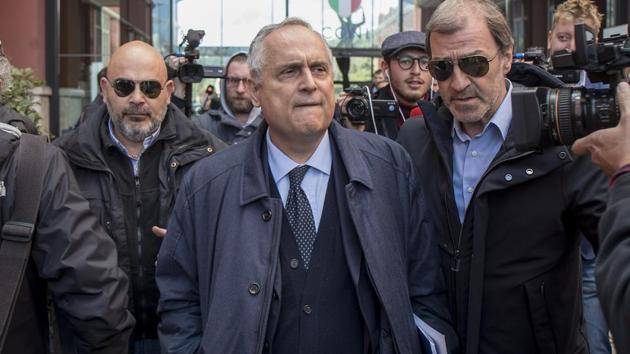 Lazio soccer team's CEO Claudio Lotito, center, leaves following an Italian Soccer League's meeting in Rome, Wednesday, March 4, 2020. (AP) Lazio soccer team's CEO Claudio Lotito, center, leaves following an Italian Soccer League's meeting in Rome, Wednesday, March 4, 2020. (AP)
