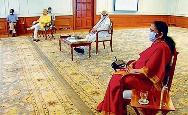 Home minister Amit Shah, PM Narendra Modi and finance minister Nirmala Sitharaman at the meeting on Thursday.