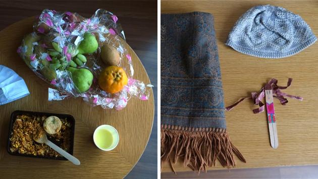 A mask lies along with food on a table in Rafiq Maqbool’s room (left), and a prayer mat, cap and a good luck charm Maqbool’s daughter gave him while parting. (Rafiq Maqbool / AP) A mask lies along with food on a table in Rafiq Maqbool’s room (left), and a prayer mat, cap and a good luck charm Maqbool’s daughter gave him while parting. (Rafiq Maqbool / AP)