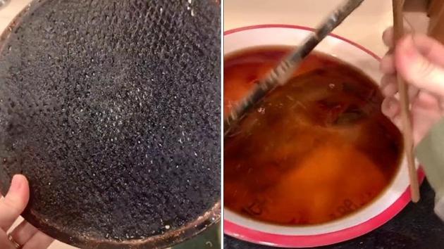 The image shows the pizza plate with black buildup. (TikTok/aylajalyn) The image shows the pizza plate with black buildup. (TikTok/aylajalyn)