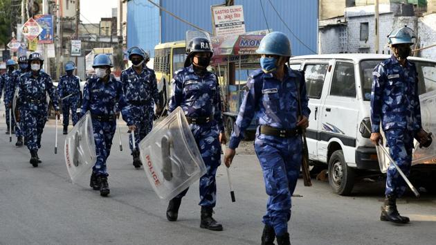Rapid Action Force (RAF) personnel conduct a flag march from Medical in Lucknow, Uttar Pradesh on Thursday. (Dheeraj Dhawan/HT Photo) Rapid Action Force (RAF) personnel conduct a flag march from Medical in Lucknow, Uttar Pradesh on Thursday. (Dheeraj Dhawan/HT Photo)