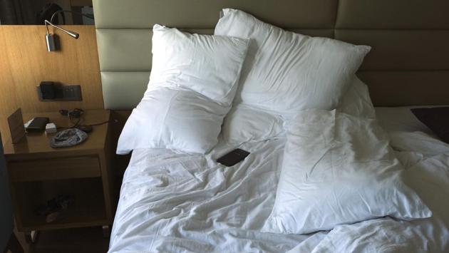 Maqbool’s bed on April 23, 2020. Over the next few days, a chat group formed by the hotel residents became his second family where other journalists talked about their experiences. “It was our little ghetto in the time of the coronavirus,” he said. (Rafiq Maqbool / AP) Maqbool’s bed on April 23, 2020. Over the next few days, a chat group formed by the hotel residents became his second family where other journalists talked about their experiences. “It was our little ghetto in the time of the coronavirus,” he said. (Rafiq Maqbool / AP)