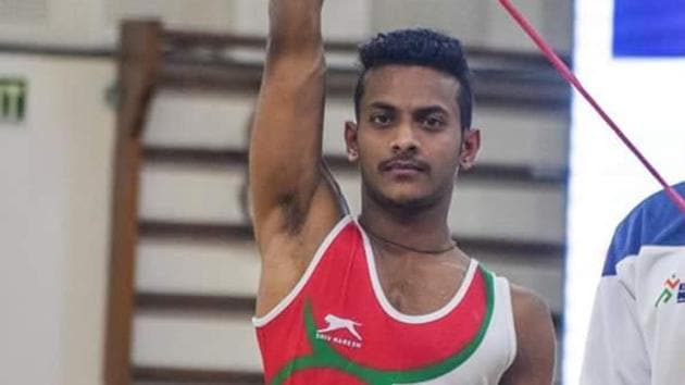 Sandeep Pal in action while winning silver in the roman rings at the Khelo India (U-21) Youth Games in Guwahati in January.(HT)