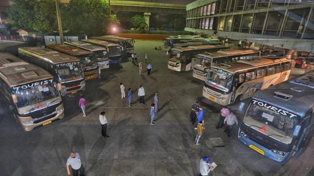 Buses seen at Kashmiri Gate ISBT – to retrieve stranded students from Kota in Rajasthan during lockdown in New Delhi. (Biplov Bhuyan/HT File Photo)