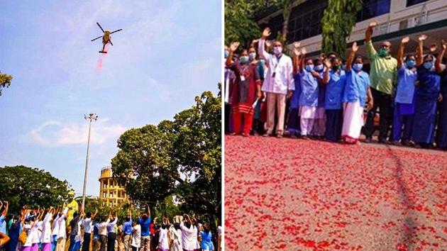 Indian Air Force helicopter showers flower petals over Trivandrum Medical College Hospital in Kerala.(Twitter/ANI)