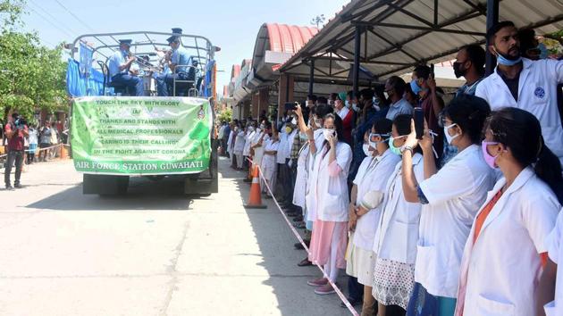 An Air Force Band performs at Guwahati Medical College and Hospital (GMCH). Several activities like fly-pasts, flashing warship lights and other displays by the Indian Army bands have been included in today’s spectacular show. (ANI) An Air Force Band performs at Guwahati Medical College and Hospital (GMCH). Several activities like fly-pasts, flashing warship lights and other displays by the Indian Army bands have been included in today’s spectacular show. (ANI)