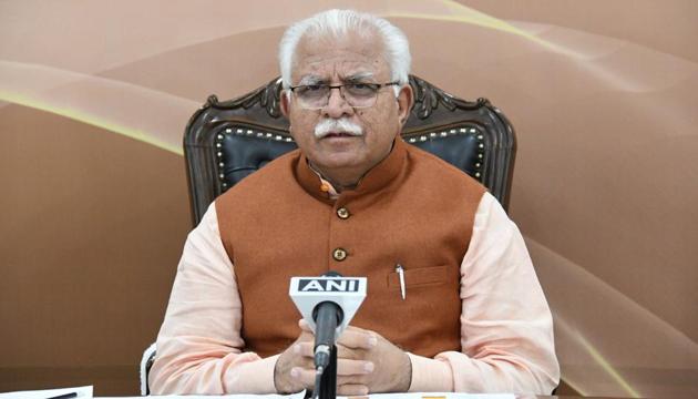 Haryana chief minister Manohar Lal Khattar addressing the people of the state through a live telecast at Chandigarh on Saturday. (HT PHOTO) Haryana chief minister Manohar Lal Khattar addressing the people of the state through a live telecast at Chandigarh on Saturday. (HT PHOTO)