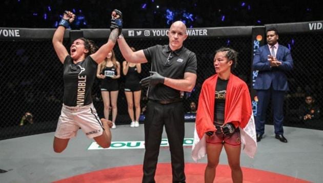 Puja Tomar after her victory over Priscilla Hertati Lumbangol .(One Championship)