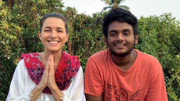 Stephanie Herve, the French music therapist with Tomson Antony in Kochi.(HT PHOTO.)