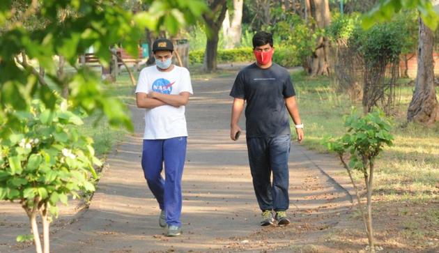 Residents taking a walk at the Sukhna Lake on the first day of the third phase of the nationwide lockdown in Chandigarh on Monday. (Keshav Singh/HT) Residents taking a walk at the Sukhna Lake on the first day of the third phase of the nationwide lockdown in Chandigarh on Monday. (Keshav Singh/HT)