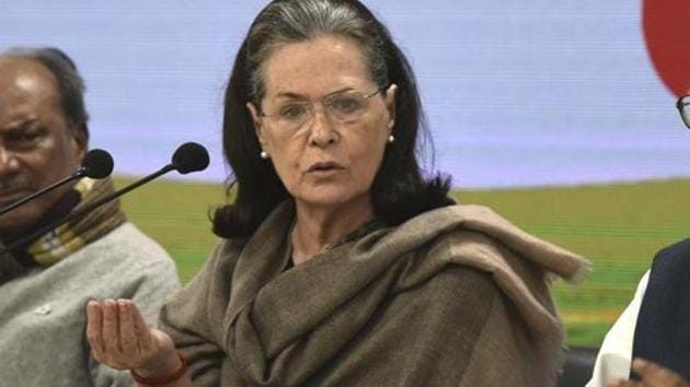 Congress president Sonia Gandhi addresses the media in New Delhi, in February.(Vipin Kumar/HT Photo)