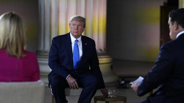 President Donald Trump looks on during a Fox News virtual town hall from the Lincoln Memorial, Sunday, May 3, 2020, in Washington (AP) President Donald Trump looks on during a Fox News virtual town hall from the Lincoln Memorial, Sunday, May 3, 2020, in Washington (AP)