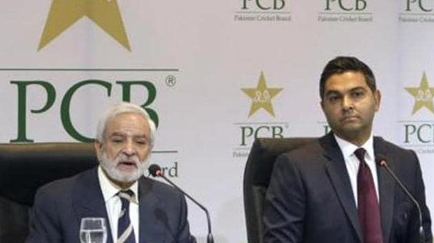 Pakistan Cricket Board's new managing director Wasim Khan, right, looks on during a press conference with the PCB Chairman Ehsan Mani in Lahore, Pakistan. (AP) Pakistan Cricket Board's new managing director Wasim Khan, right, looks on during a press conference with the PCB Chairman Ehsan Mani in Lahore, Pakistan. (AP)