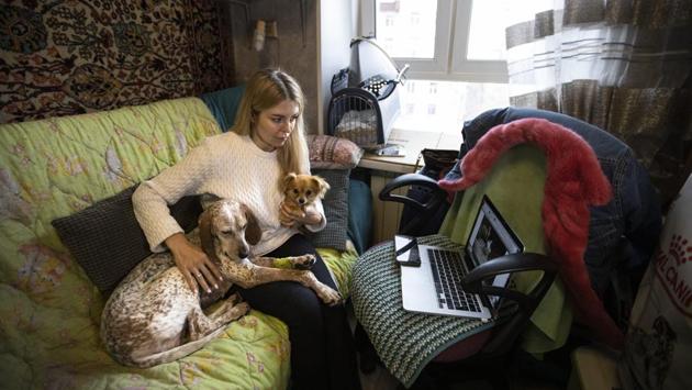 Medvedeva seen sitting with Ratna and Goldy during the online broadcast in Moscow. (Alexander Zemlianichenko / AP) Medvedeva seen sitting with Ratna and Goldy during the online broadcast in Moscow. (Alexander Zemlianichenko / AP)
