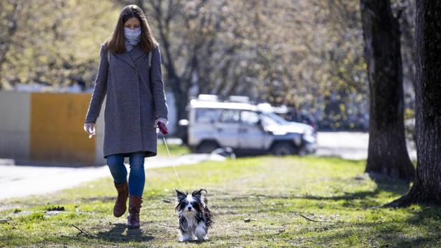 Nadezhda Minyaeva, wearing a face mask, walks Sopha in the courtyard outside her building. (Alexander Zemlianichenko / AP) Nadezhda Minyaeva, wearing a face mask, walks Sopha in the courtyard outside her building. (Alexander Zemlianichenko / AP)