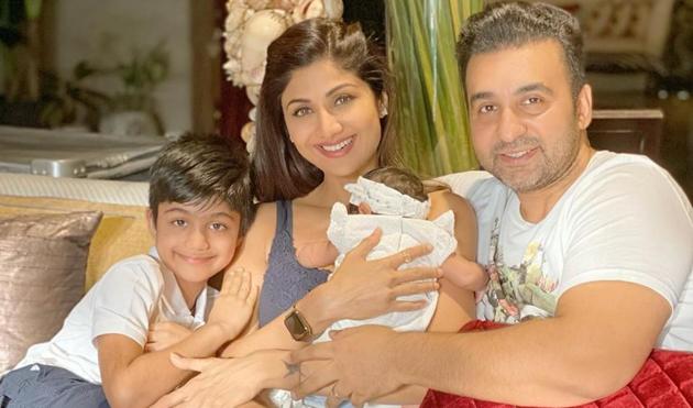 Shilpa Shetty and Raj Kundra with their children Viaan and Samisha.